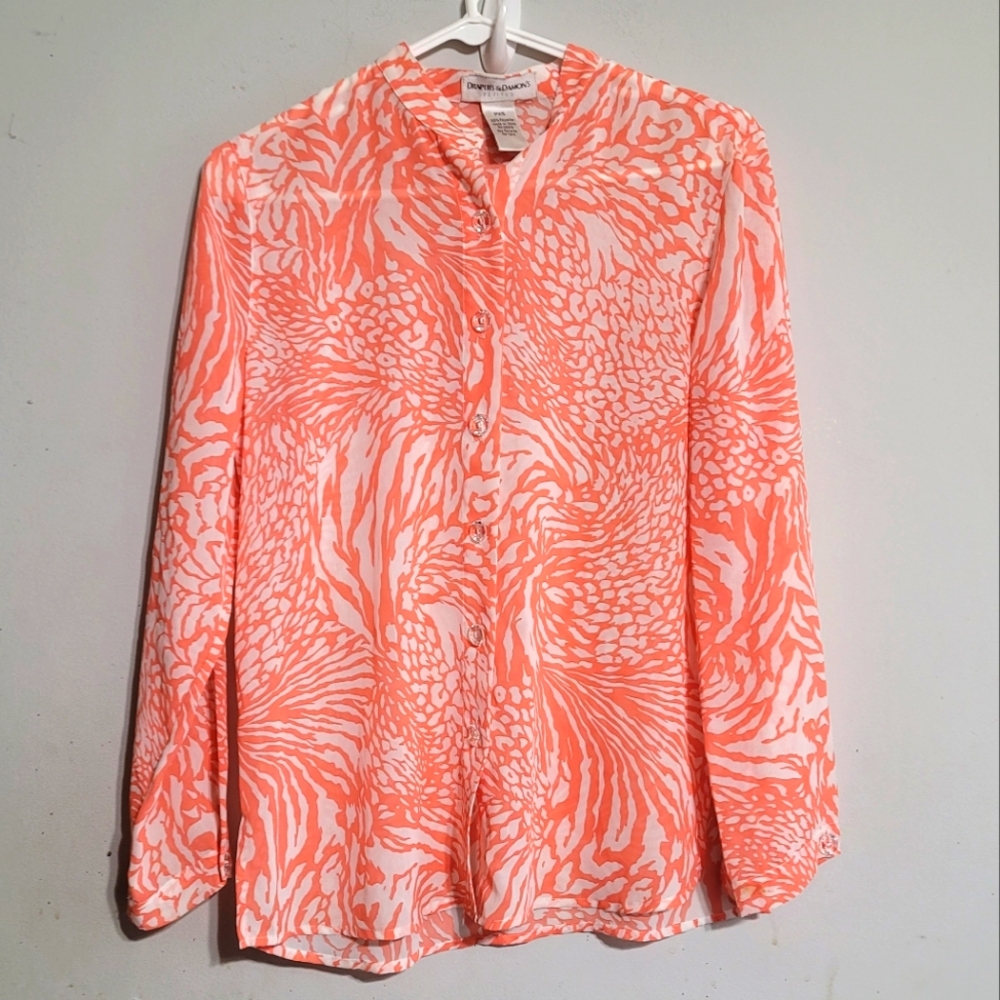 Womens Top Size Petite XS PXS Drapers And Damon's‎ Coral White Sheer Tropical